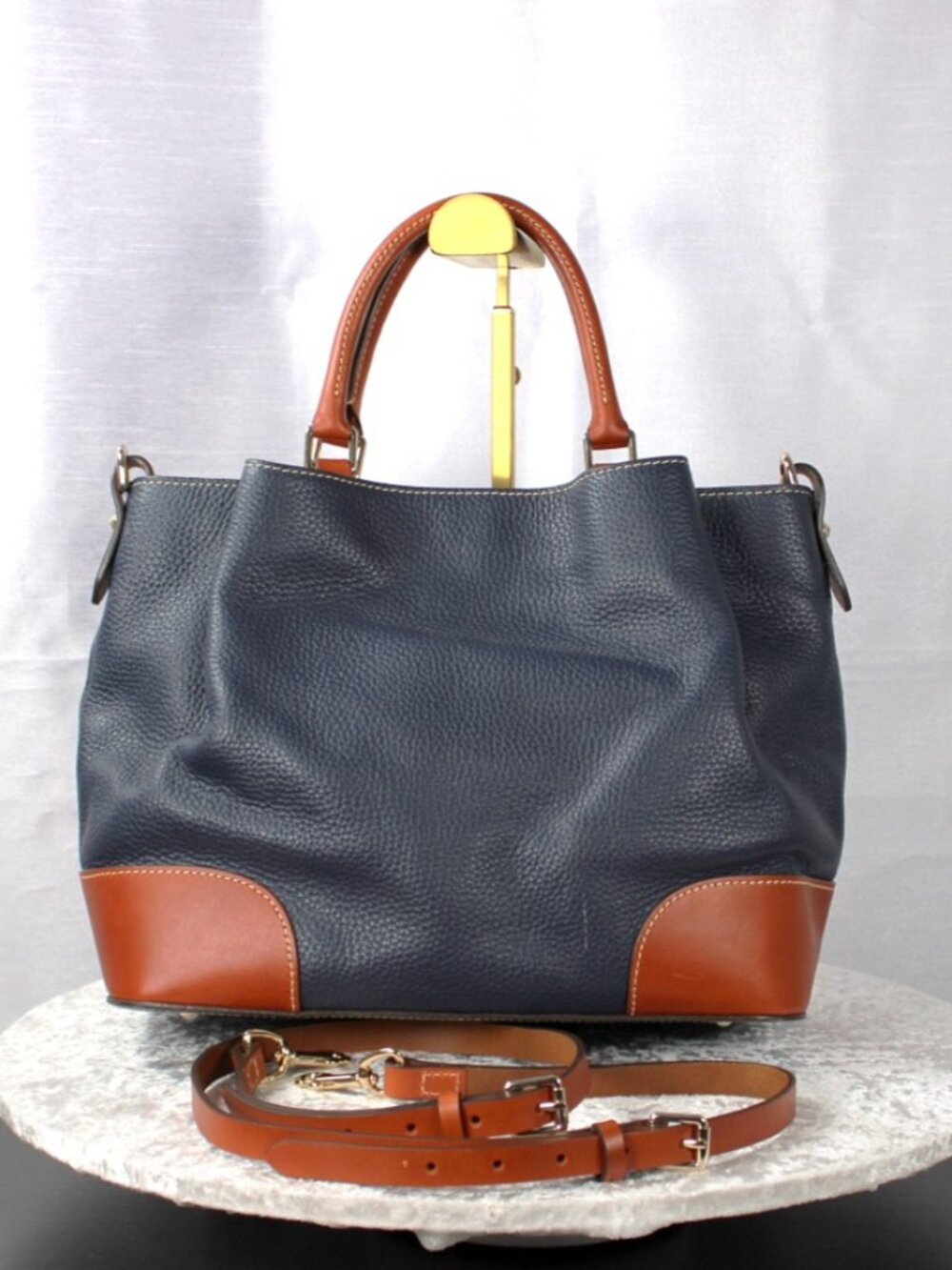 Dooney & Bourke Pebble Grain Leather Satchel Navy & British Tan Crossbody Bag - Picture 2 of 11